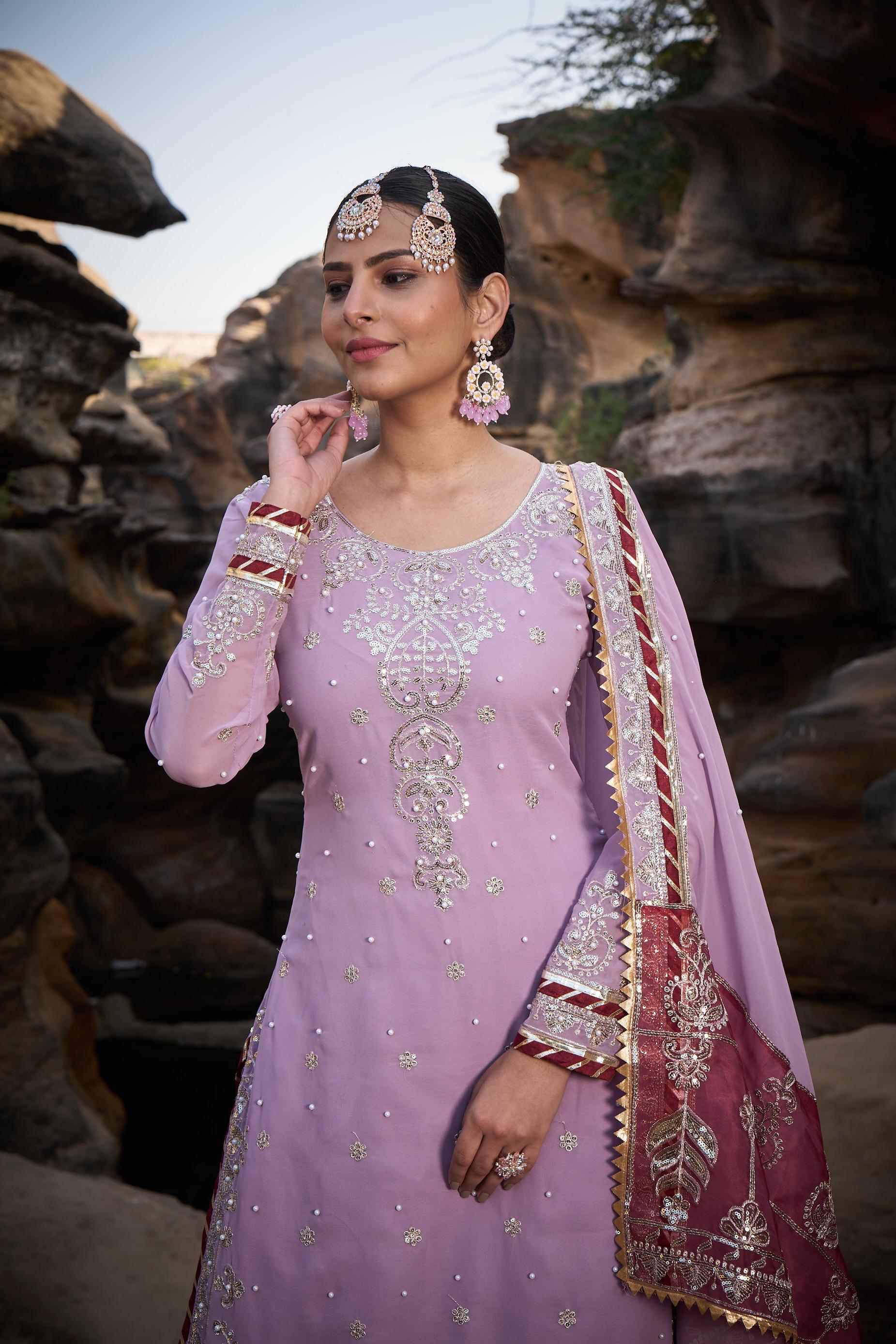 Party Wear Lavender Color Faux Georgette Thread With Sequence With Rivet Moti Designer Sharara Suit