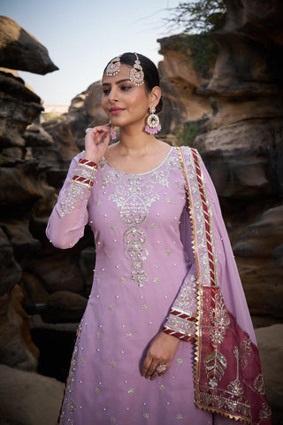 Party Wear Lavender Color Faux Georgette Thread With Sequence With Rivet Moti Designer Sharara Suit