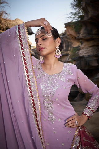 Party Wear Lavender Color Faux Georgette Thread With Sequence With Rivet Moti Designer Sharara Suit