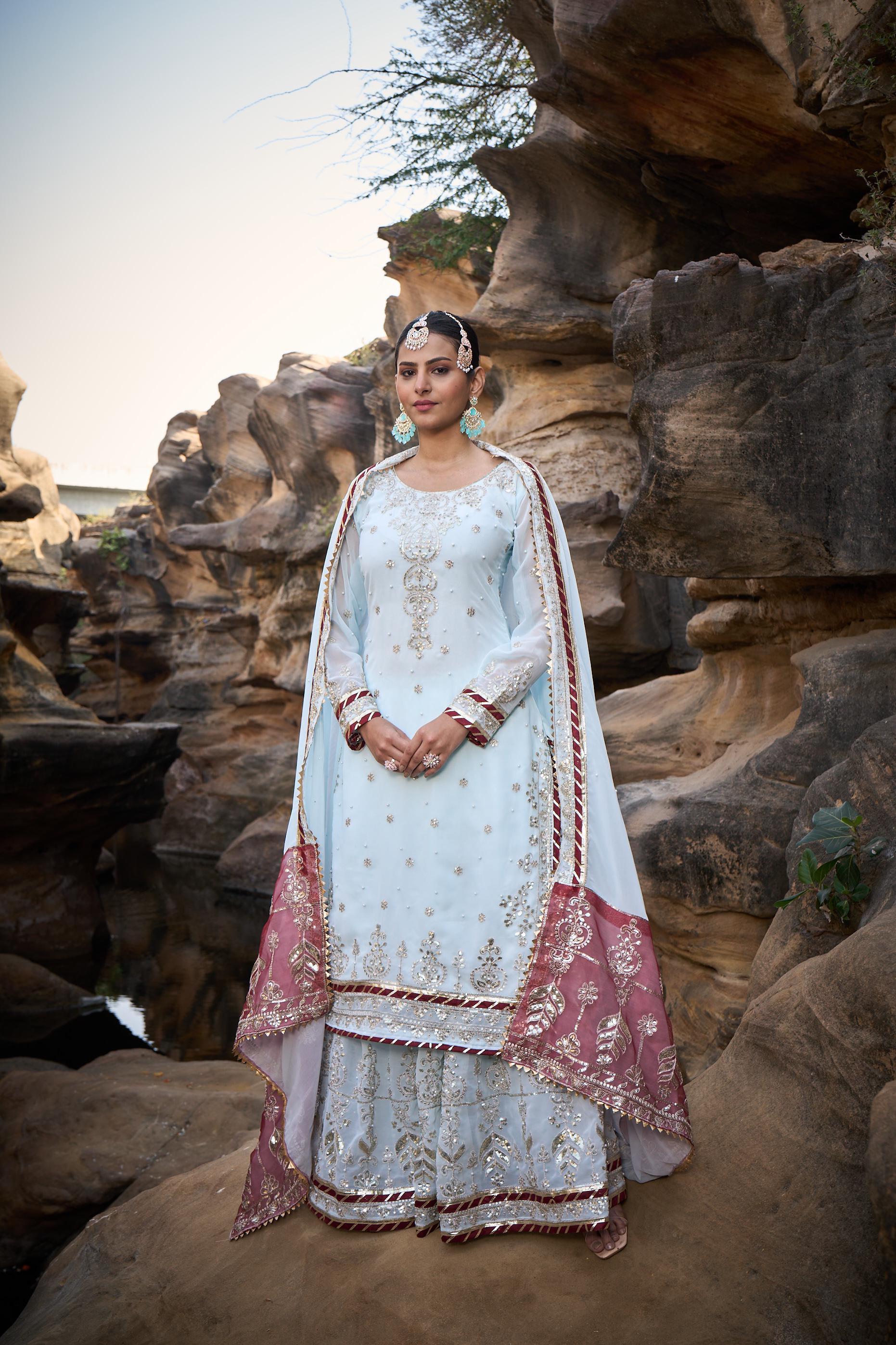 Party Wear Sky Blue Color Faux Georgette Thread With Sequence With Rivet Moti Designer Sharara Suit