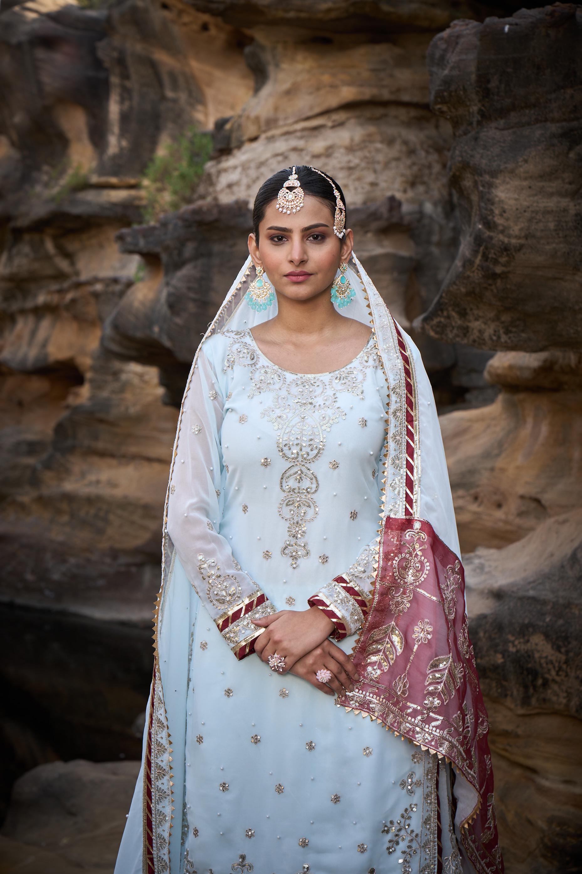 Party Wear Sky Blue Color Faux Georgette Thread With Sequence With Rivet Moti Designer Sharara Suit