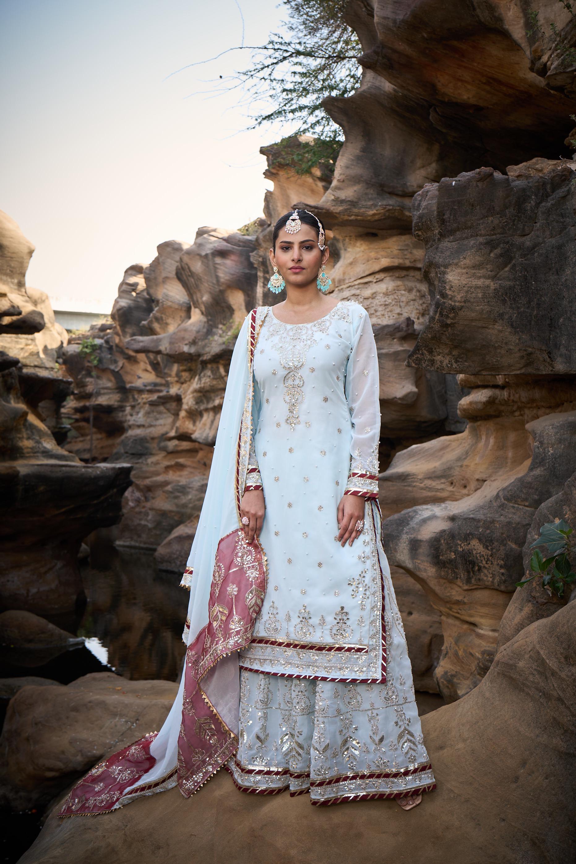 Party Wear Sky Blue Color Faux Georgette Thread With Sequence With Rivet Moti Designer Sharara Suit