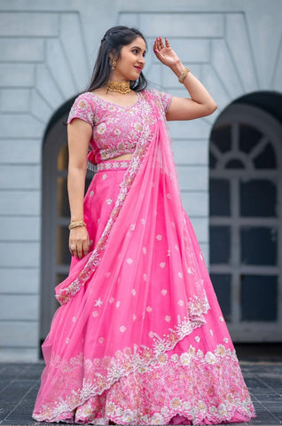 Dazzling Light Pink Color Chinon And Heavy Embroidery Sequence Work Lehenga Choli