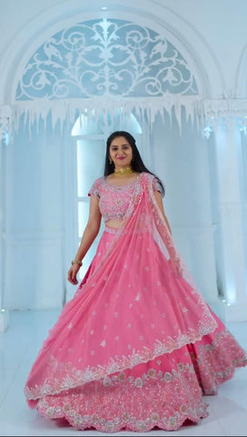 Dazzling Light Pink Color Chinon And Heavy Embroidery Sequence Work Lehenga Choli