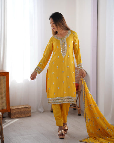 Ceremony Wear Yellow Color Chinon Silk And Thread With Sequence Work Beautiful Salwar Suit