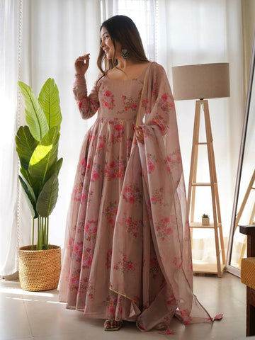 Fantastic Beige Color Anarkali Gown With Belt