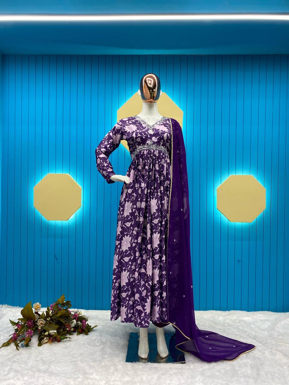 Graceful Purple Color Print With Work Anarkali Gown