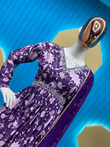 Graceful Purple Color Print With Work Anarkali Gown