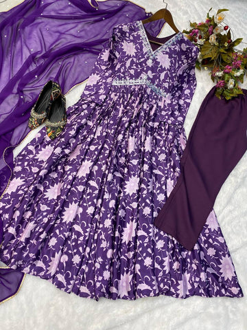 Graceful Purple Color Print With Work Anarkali Gown