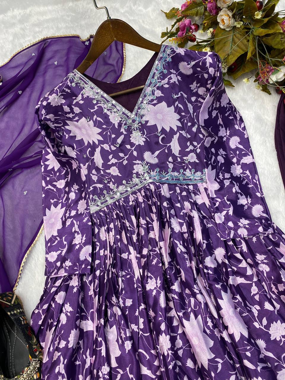 Graceful Purple Color Print With Work Anarkali Gown