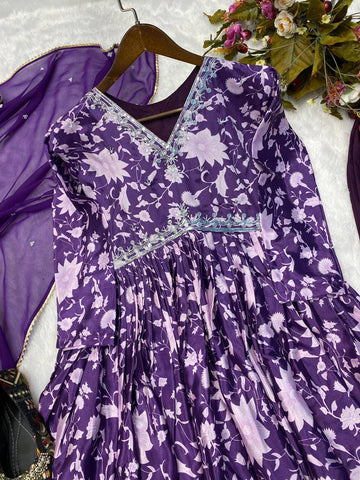 Graceful Purple Color Print With Work Anarkali Gown
