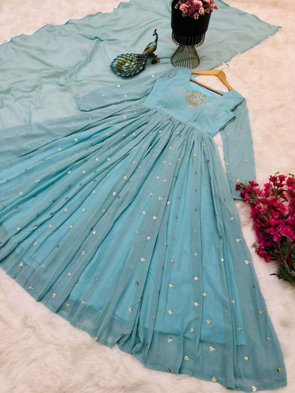 Fabulous Sky Blue Sequence Work Anarkali Gown