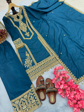 Innovative Teal Blue Color With Work Salwar Suit