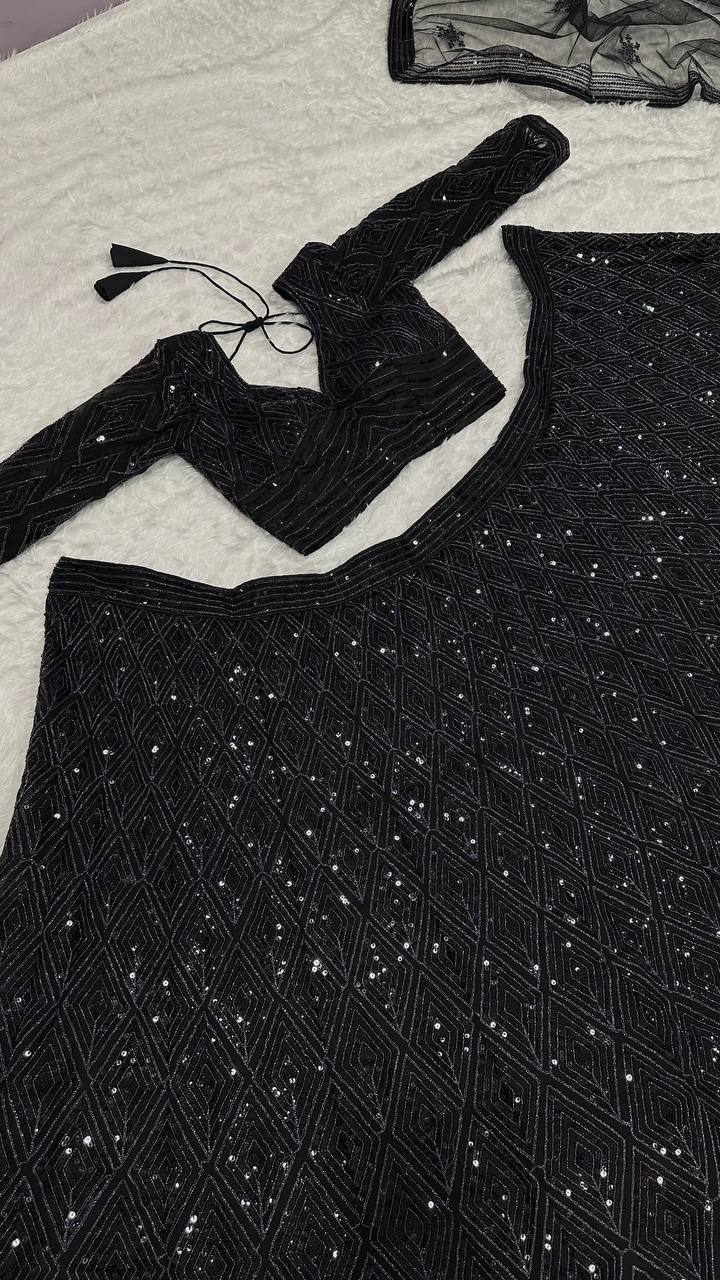 Eyes Catching Black Color Georgette Lehenga With Sequins And Dori Work Designer Lehenga Choli