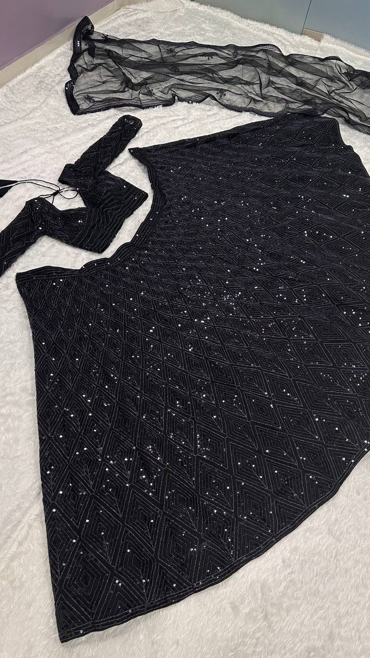 Eyes Catching Black Color Georgette Lehenga With Sequins And Dori Work Designer Lehenga Choli