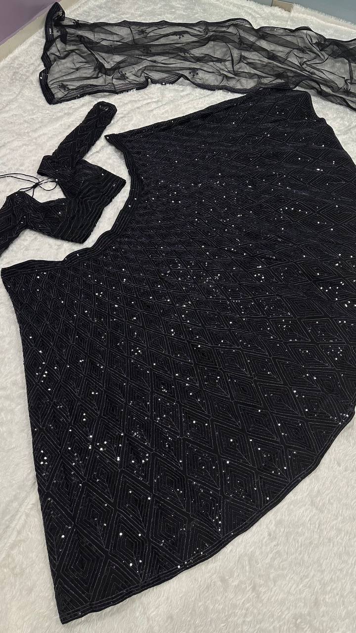 Eyes Catching Black Color Georgette Lehenga With Sequins And Dori Work Designer Lehenga Choli