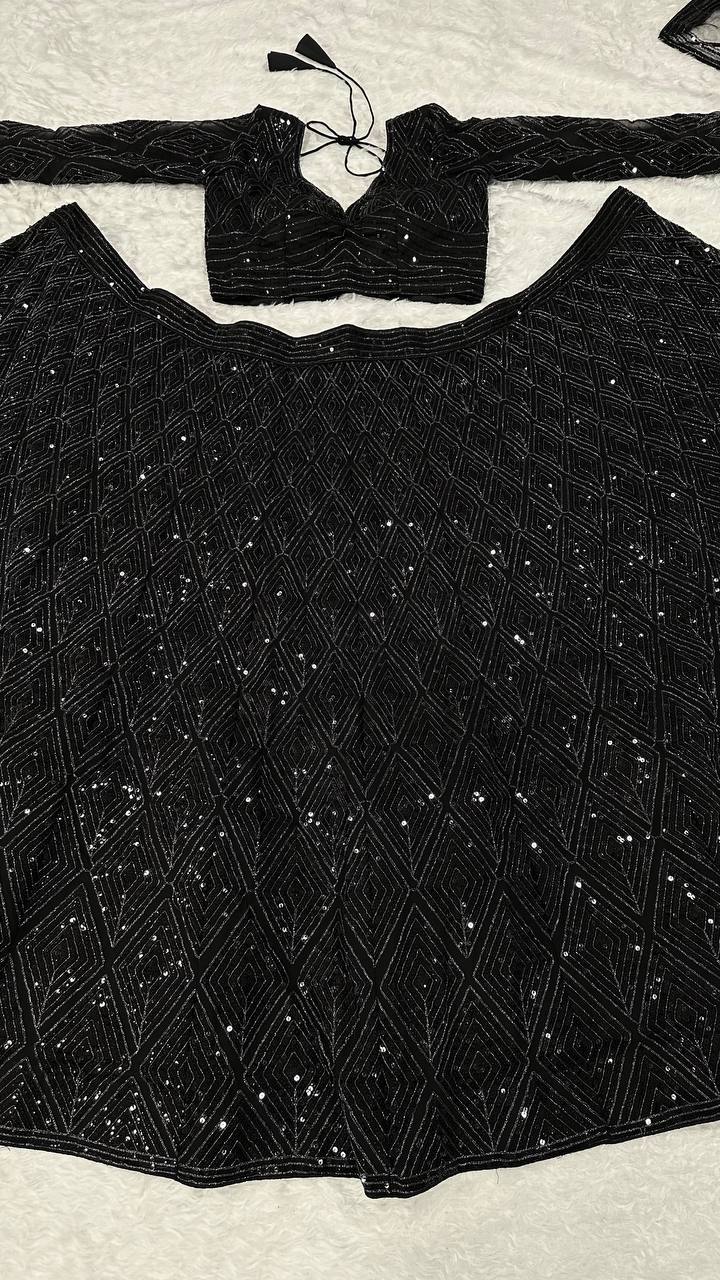 Eyes Catching Black Color Georgette Lehenga With Sequins And Dori Work Designer Lehenga Choli